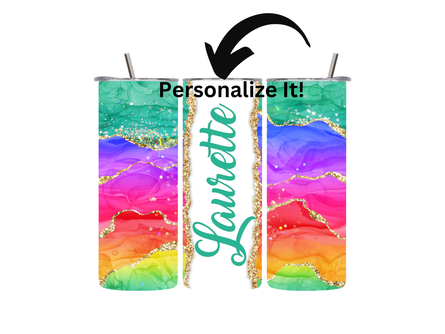 20oz Skinny Tumbler rainbow glitter - Personalized