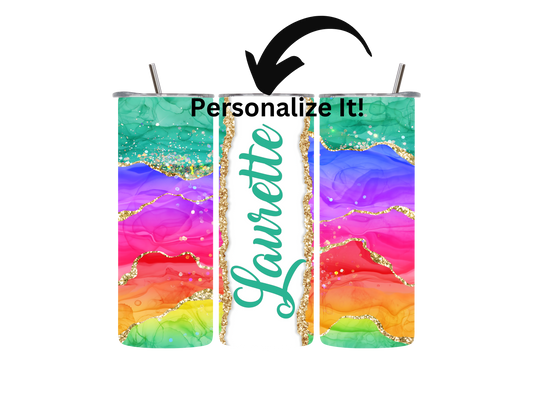 20oz Skinny Tumbler rainbow glitter - Personalized